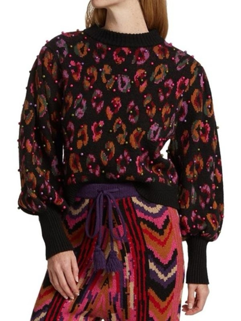FARM Rio Black Multicolor Leopard Beaded Crewneck Sweater